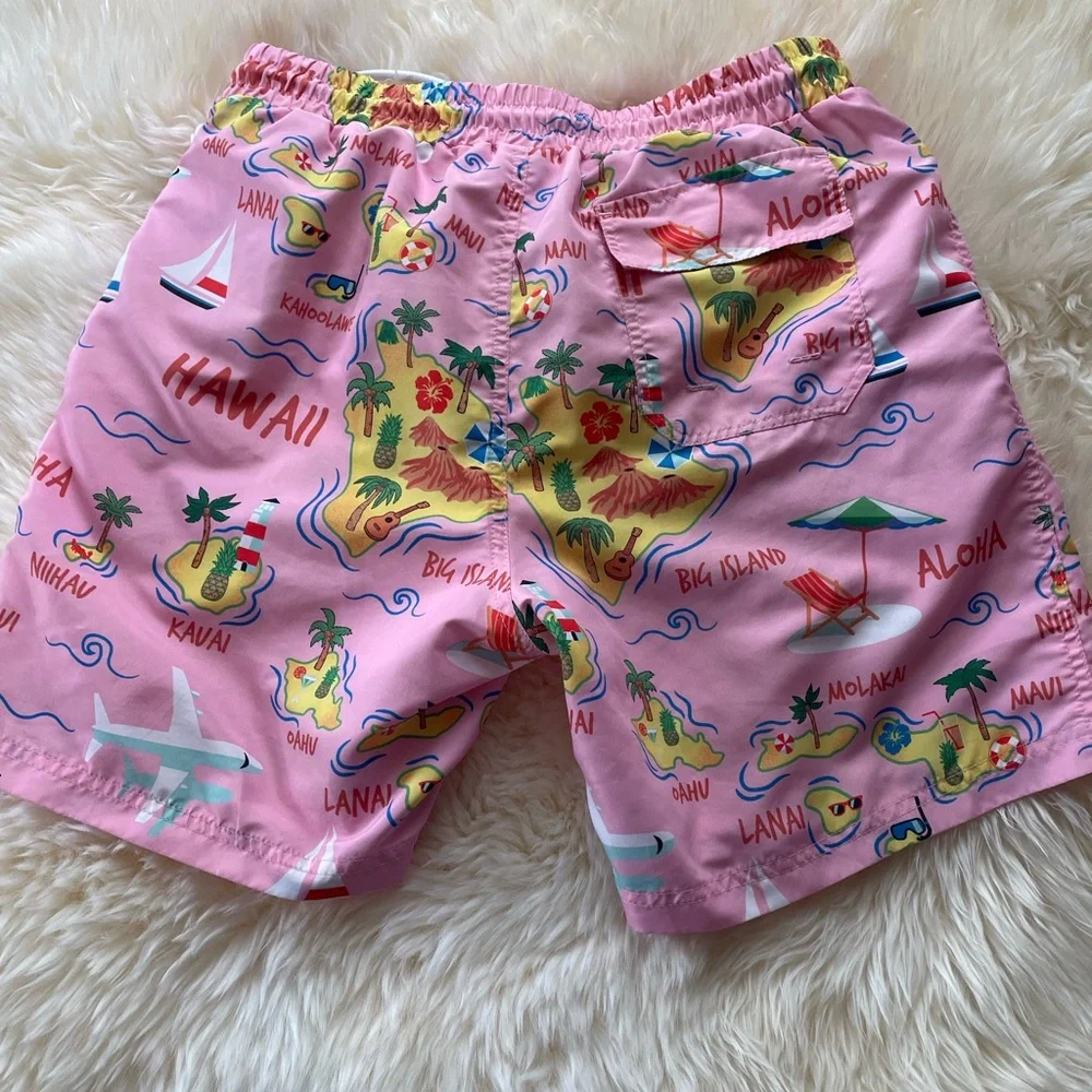 Edgar + Ash Men’s Swim Trunks. Pink with Hawaiian Theme. Size Medium